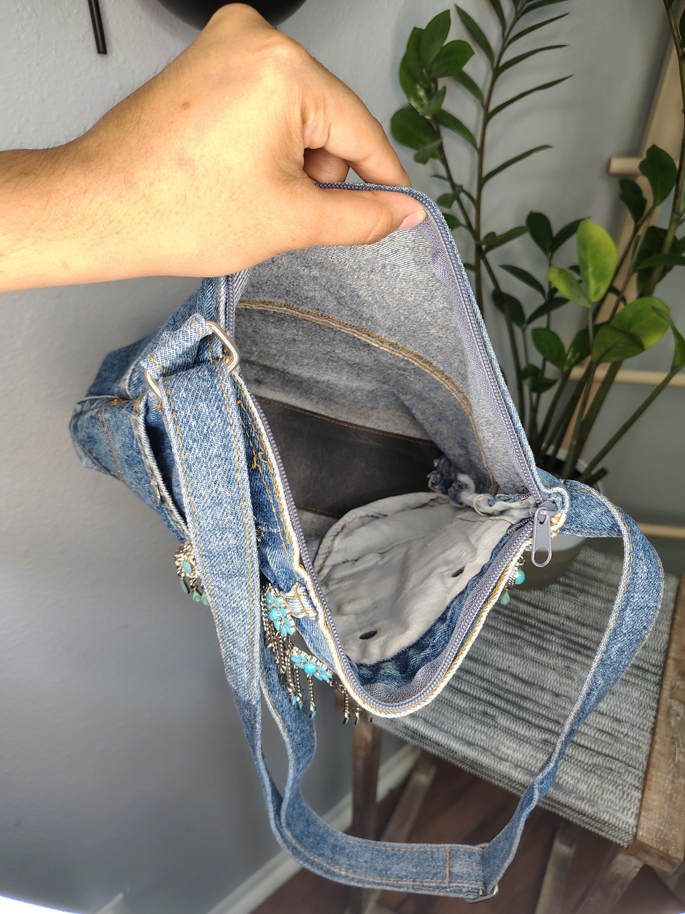 Handmade Y2k Boho Western Denim Crossbody Shoulder Bag with Bead Accents - Blue - Picture 9 of 14